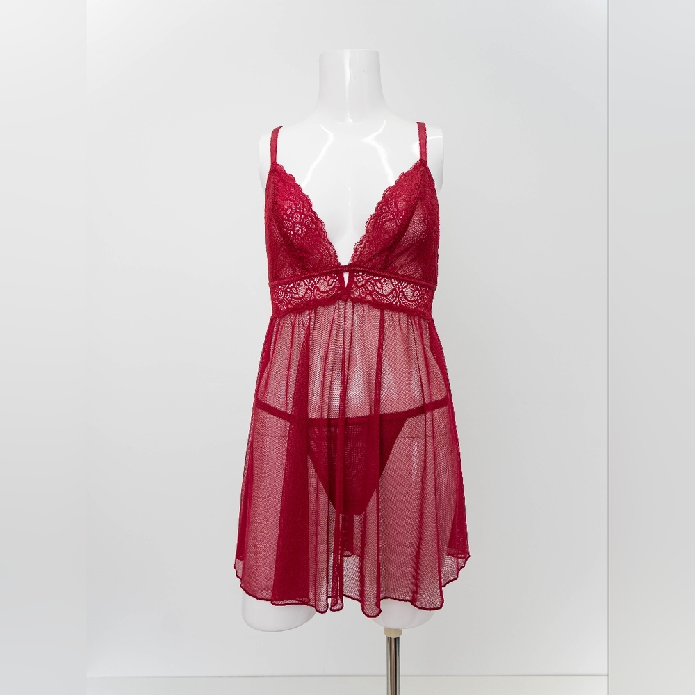 Rachel by Rachel Roy Babydoll and G string set - Burgundy